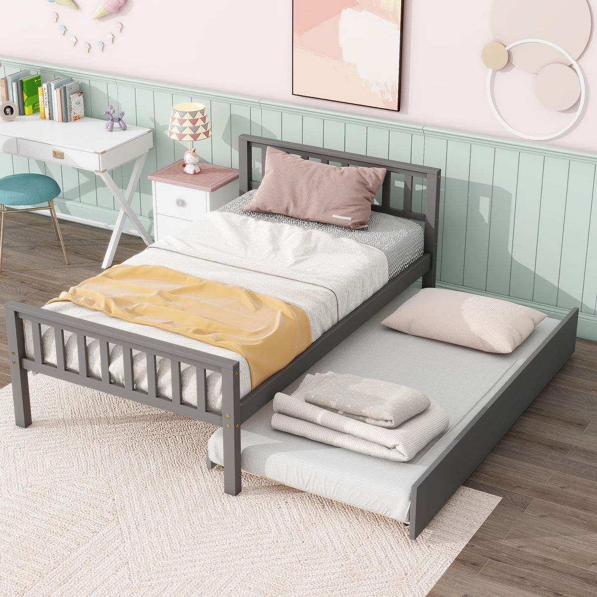 Gray Twin Size Wood Platform Bed with Trundle M991