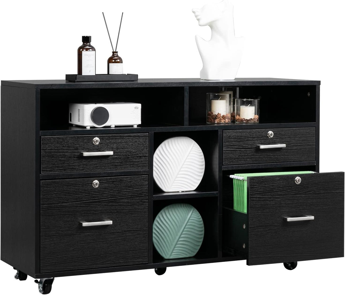 Creamy-White Wood Mobile File Cabinet with 4 Drawers and Shelves J657455
