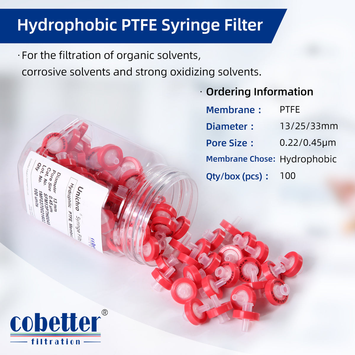 100pcs Red Hydrophobic PTFE Syringe Filters Non-sterile D431