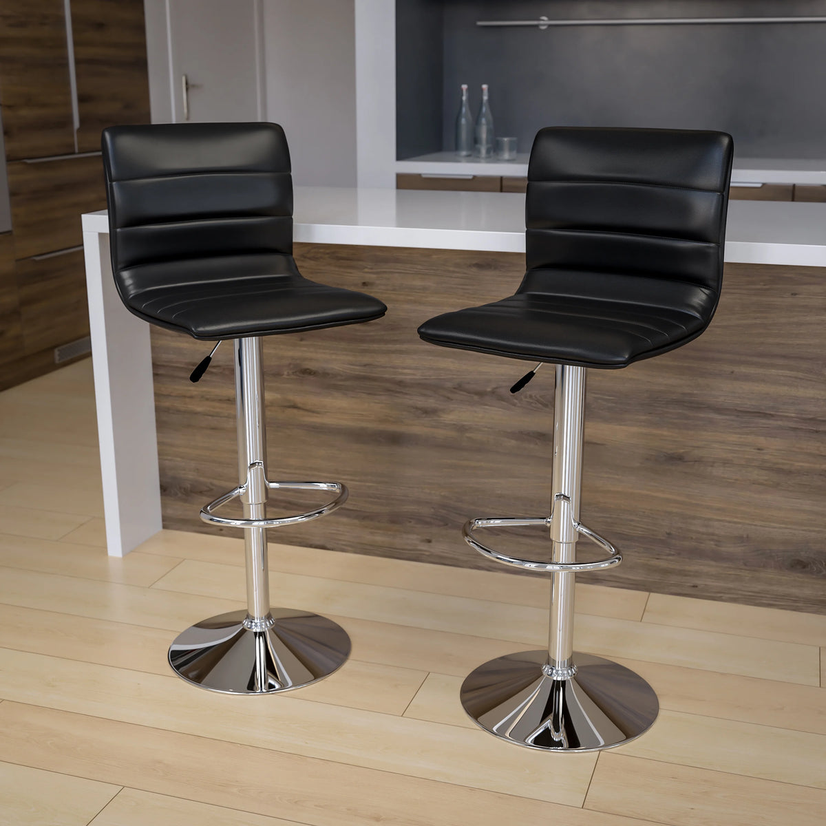 2 Pack Black Vinyl Adjustable Bar Stool with Back, Counter Height Swivel Stool V621717