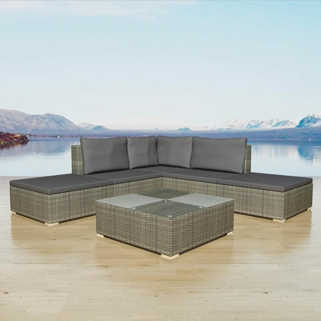 Gray Poly Rattan 6 Piece Corner Sofa Set with Coffee Table Y945211