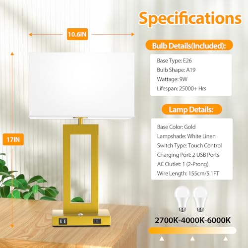 3 Color Temperatures Touch Control Table Lamps Set of 2 with USB Ports F830365