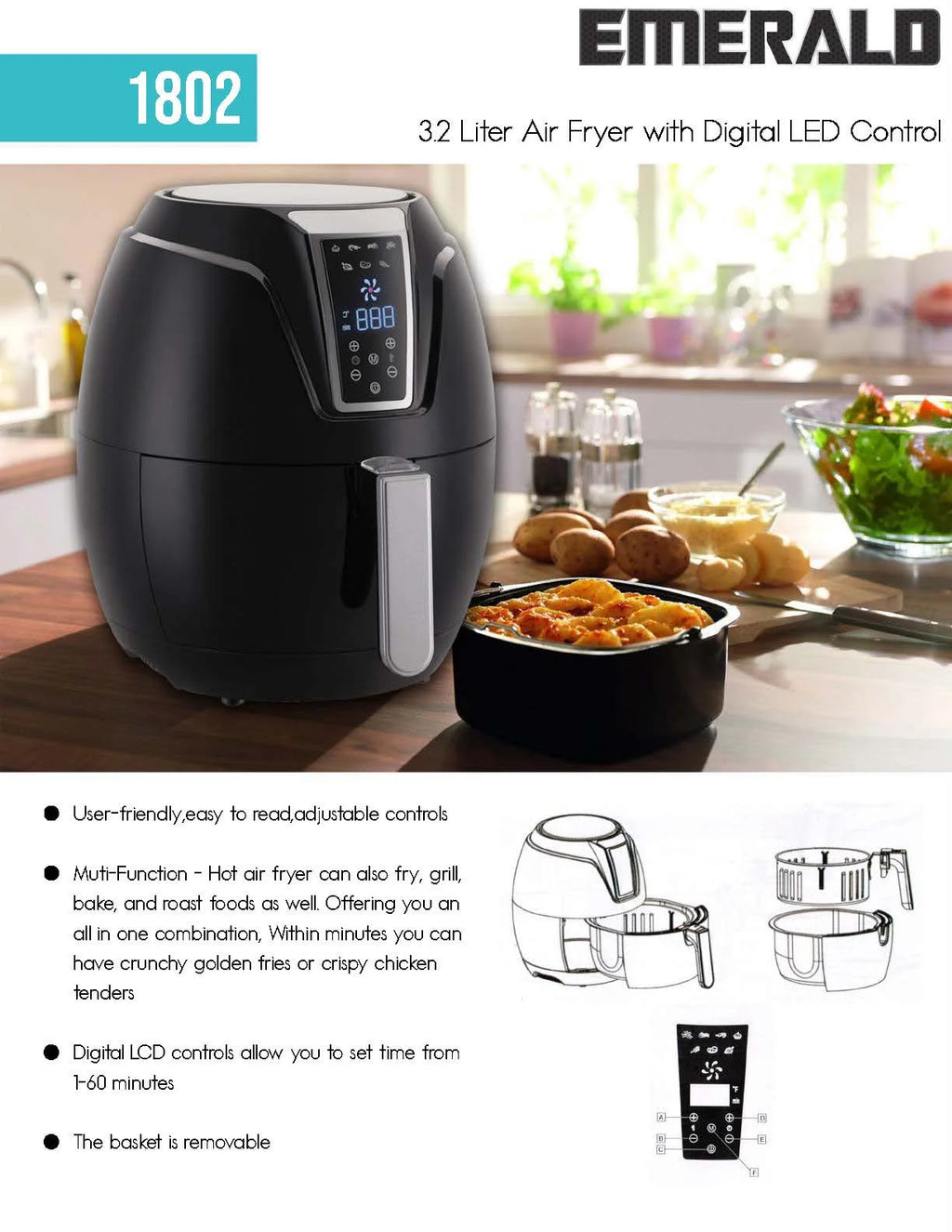 Emerald Air Fryer with Digital LED Touch Display 1400 Watts 3.2L Capacity P5743