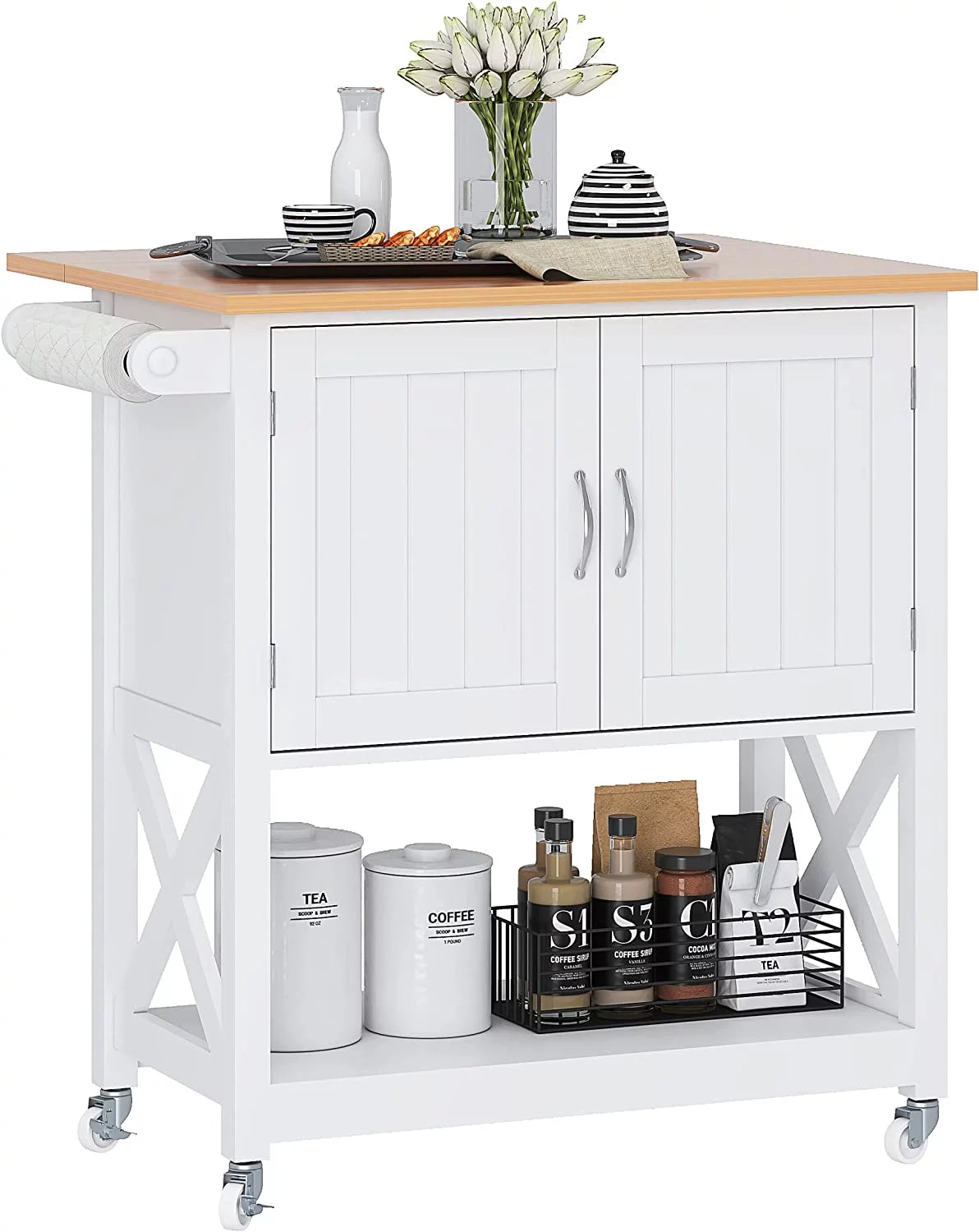 White Kitchen Island on Wheels with Storage Cabinet and Drop Leaf D573340