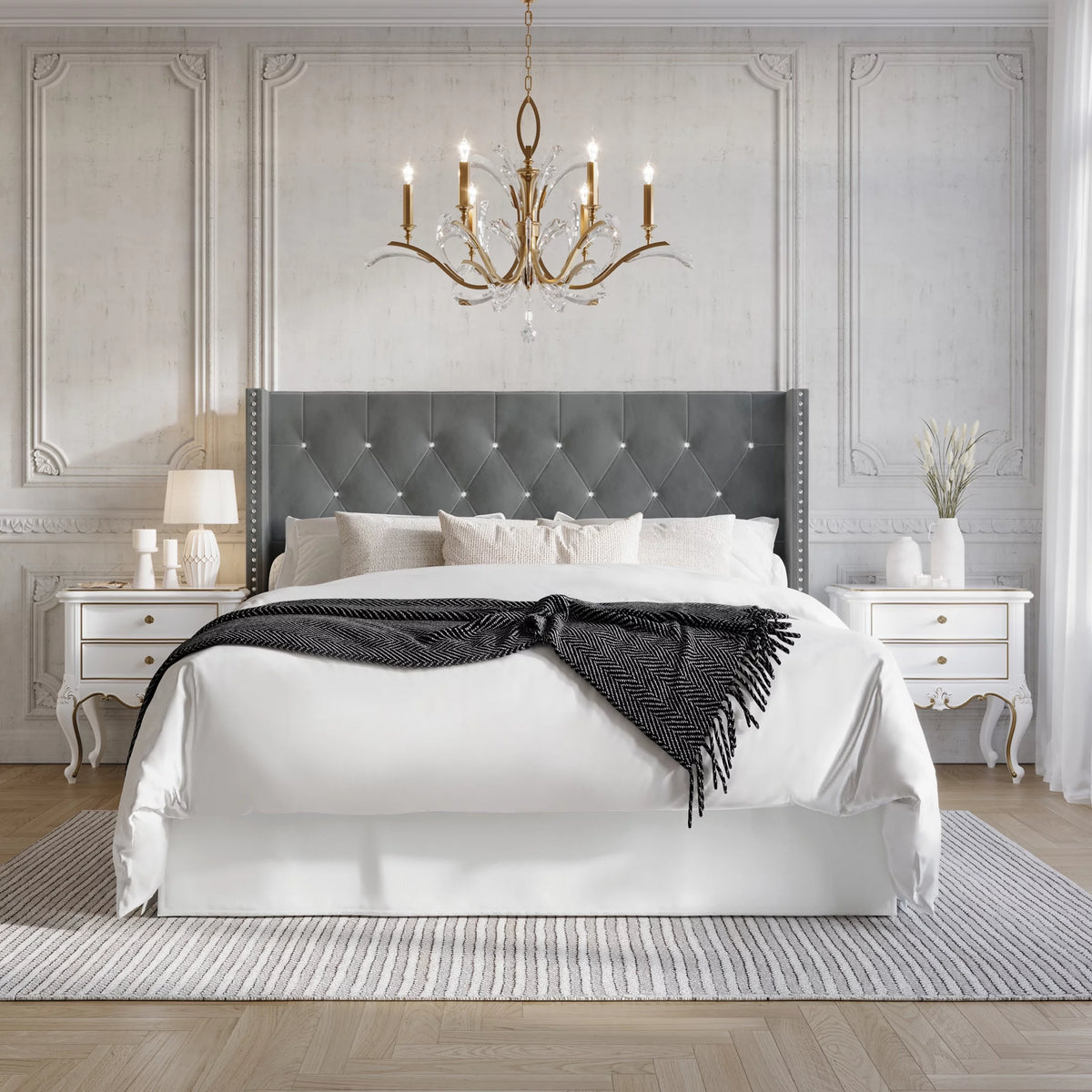 Button Tufted Wingback Velvet Upholstered Bed, Navy Blue, Queen S8051