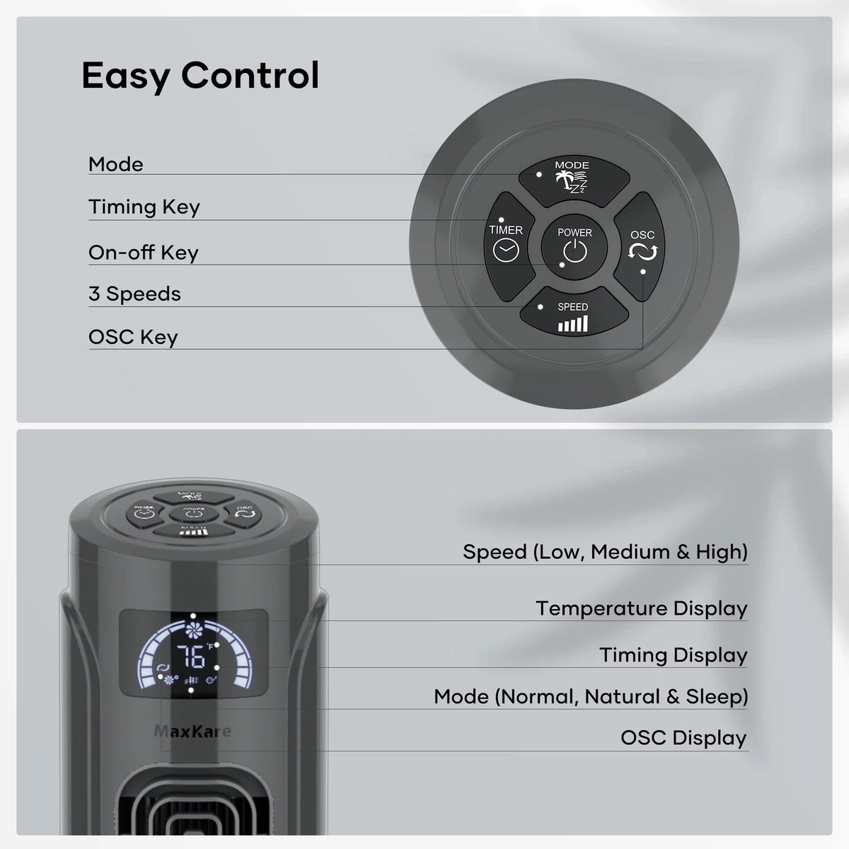 36 Tower Fan with Remote, 3 Speeds 3 Modes 15H Timer, 90° Oscillating, Grey W262018