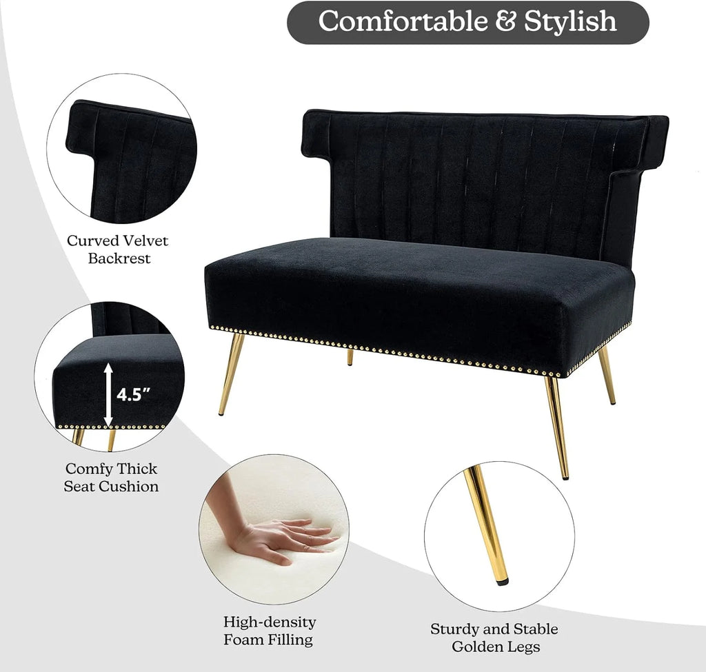 Velvet Upholstered Armless Loveseat Sofa with Golden Metal Legs I88021