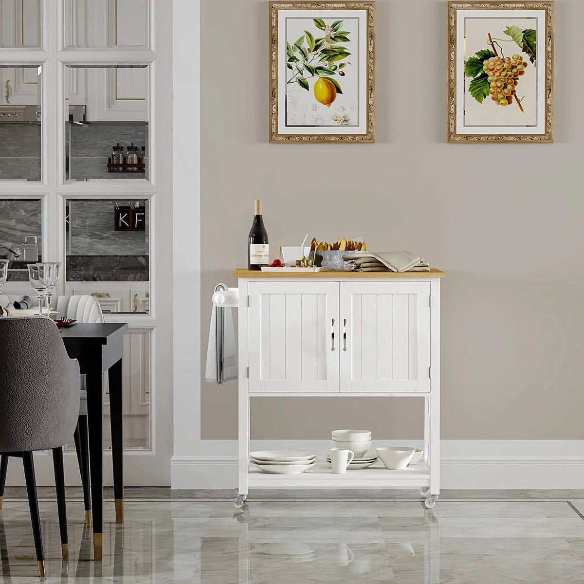 White Kitchen Island on Wheels with Storage Cabinet and Drop Leaf D573340