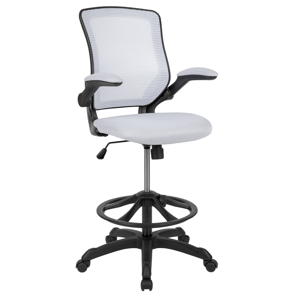 White Mesh Ergonomic Drafting Chair with Foot Ring and Flip-Up Arms T7162