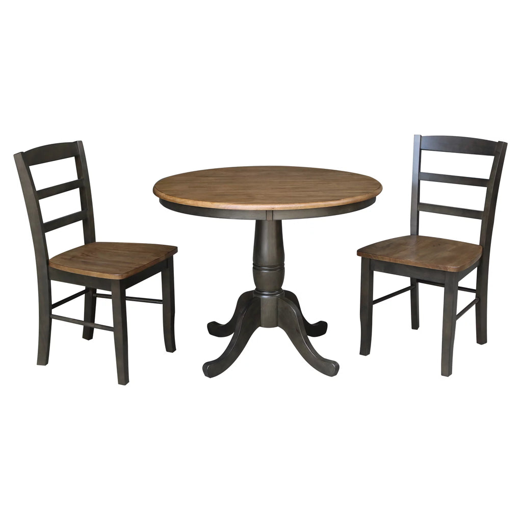 3-piece Solid Wood Dining Set with Round Pedestal Table and 2 Ladder Back Chairs R154