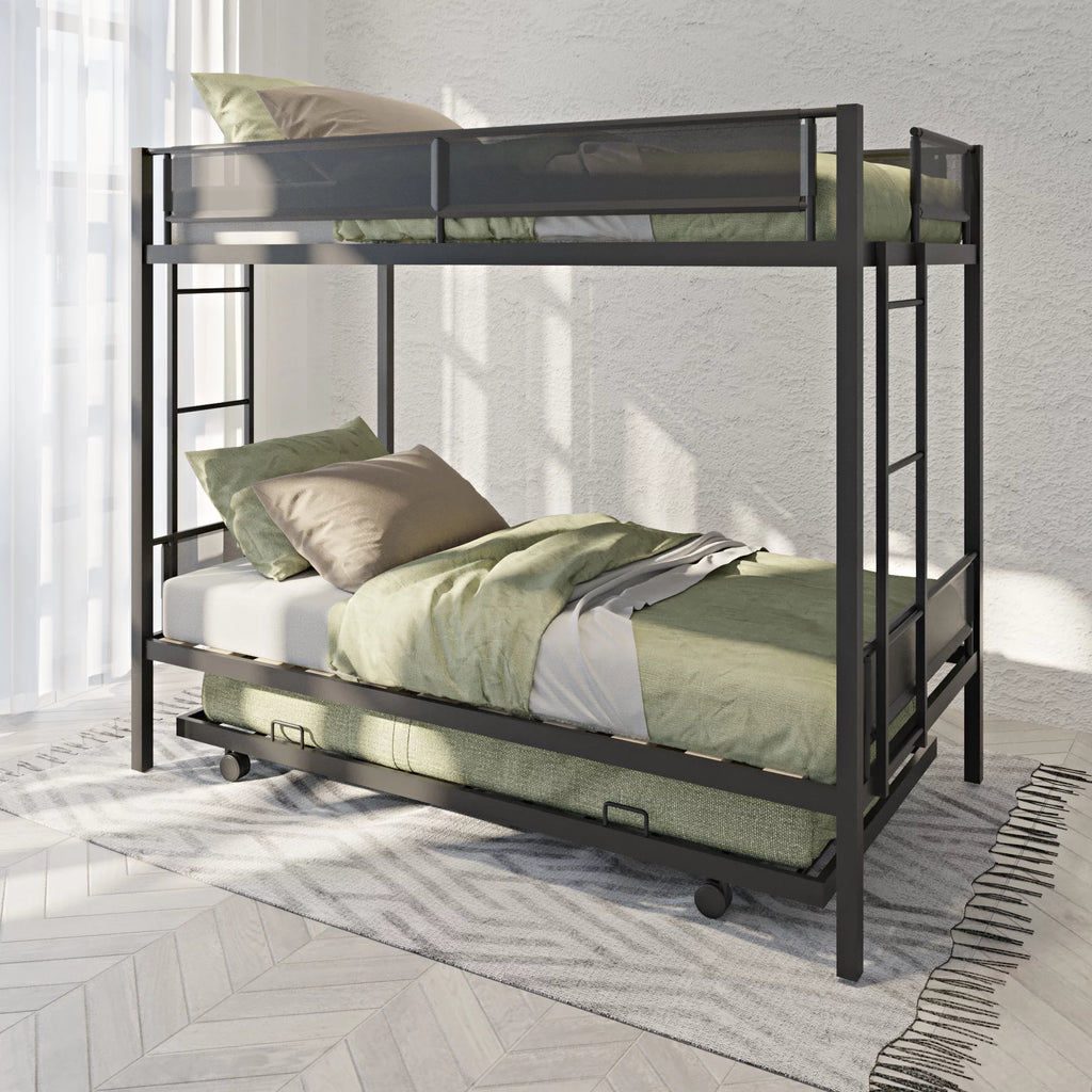 Twin Over Twin Metal Bunk Bed with Trundle and Ladder F3455