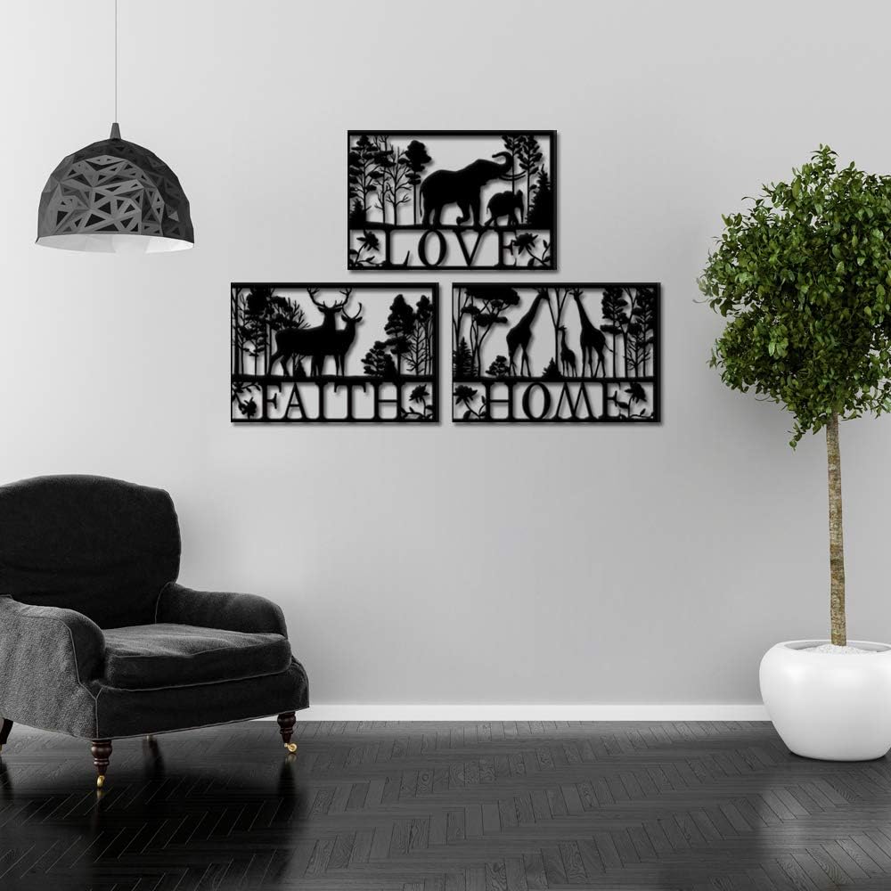 Metal Wall Art Deer Elephant and Giraffe in Forest Landscape U43537