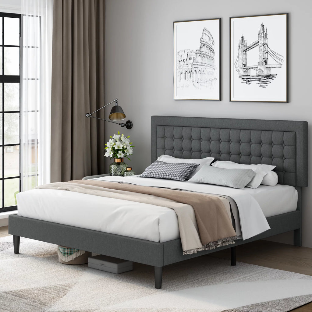 King Bed Frame with Adjustable Button Tufted Upholstered Headboard X713661