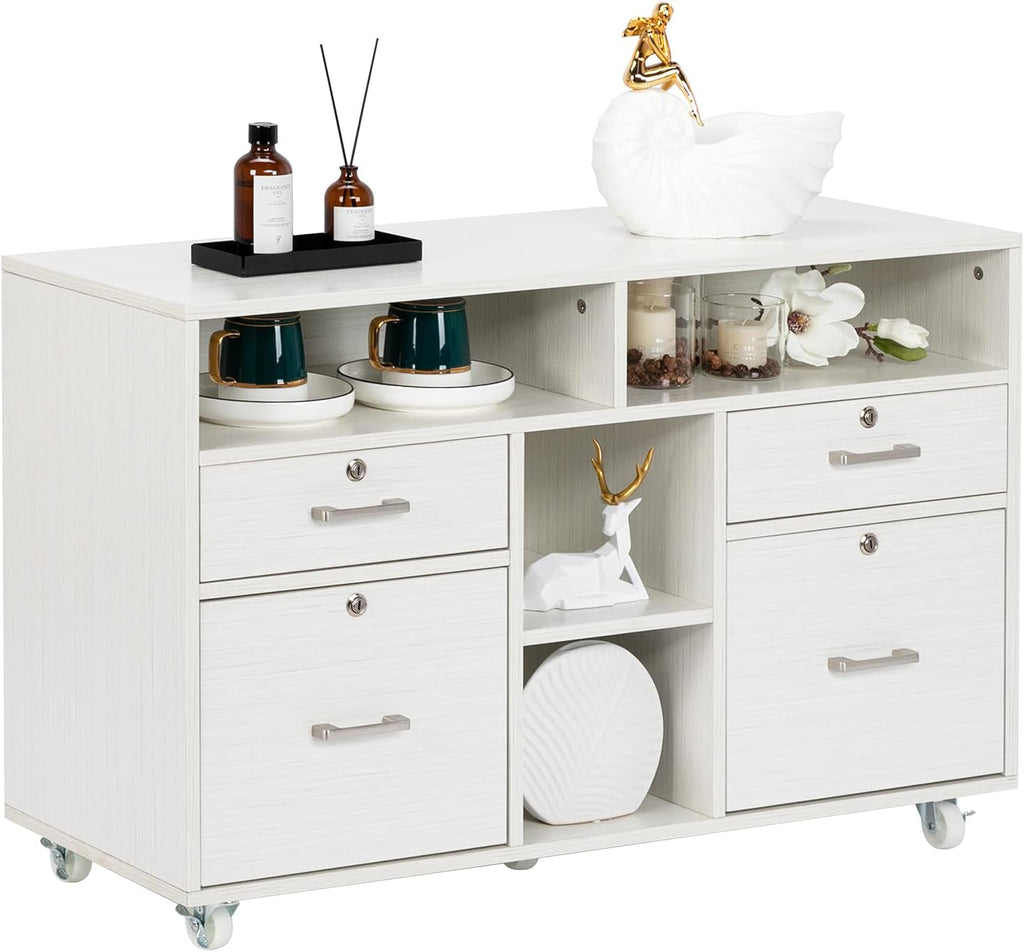 Creamy-White Wood Mobile File Cabinet with 4 Drawers and Shelves J657455