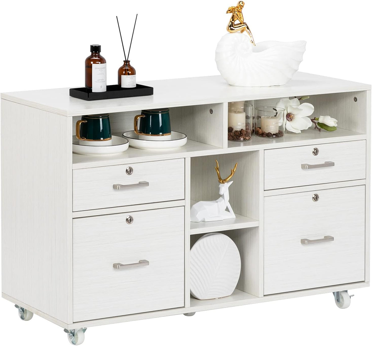 Creamy-White Wood Mobile File Cabinet with 4 Drawers and Shelves J657455