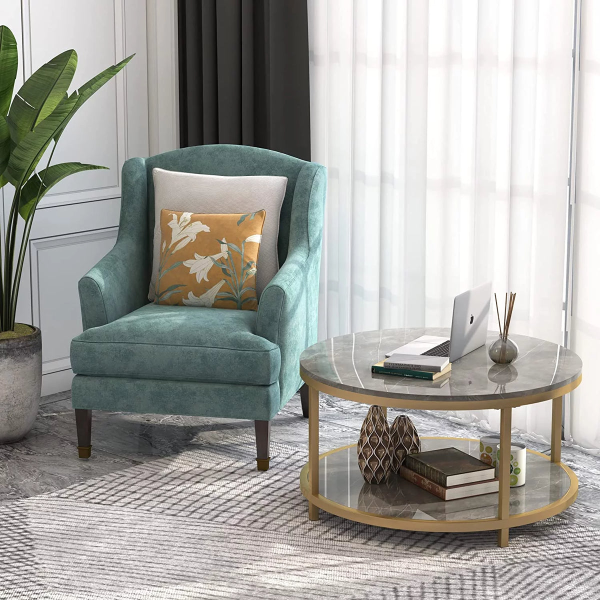 Round Coffee Table with Storage Open Shelf P87586