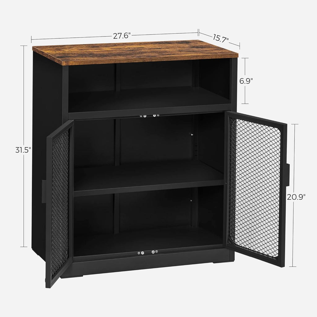 Rustic Brown and Black Storage Cabinet with Mesh Doors and Adjustable Shelf W9785