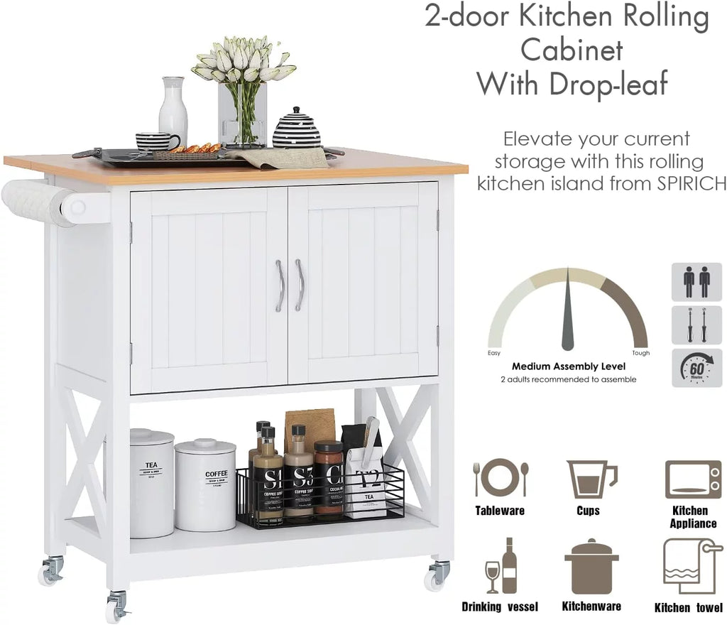 White Kitchen Island on Wheels with Storage Cabinet and Drop Leaf D573340