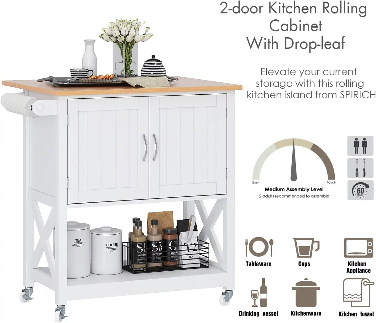 White Kitchen Island on Wheels with Storage Cabinet and Drop Leaf D573340