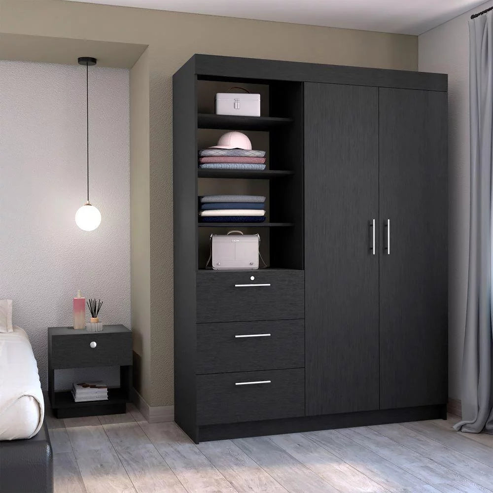2 Piece Bedroom Set Armoire and Nightstand Black Wengue Finish T7245