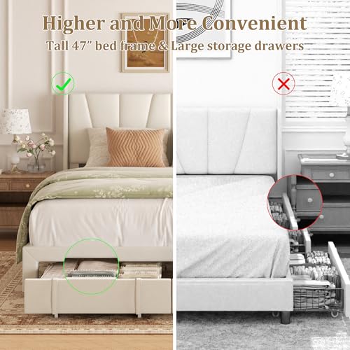 Beige Queen Upholstered Platform Bed Frame with Storage Drawers N70727