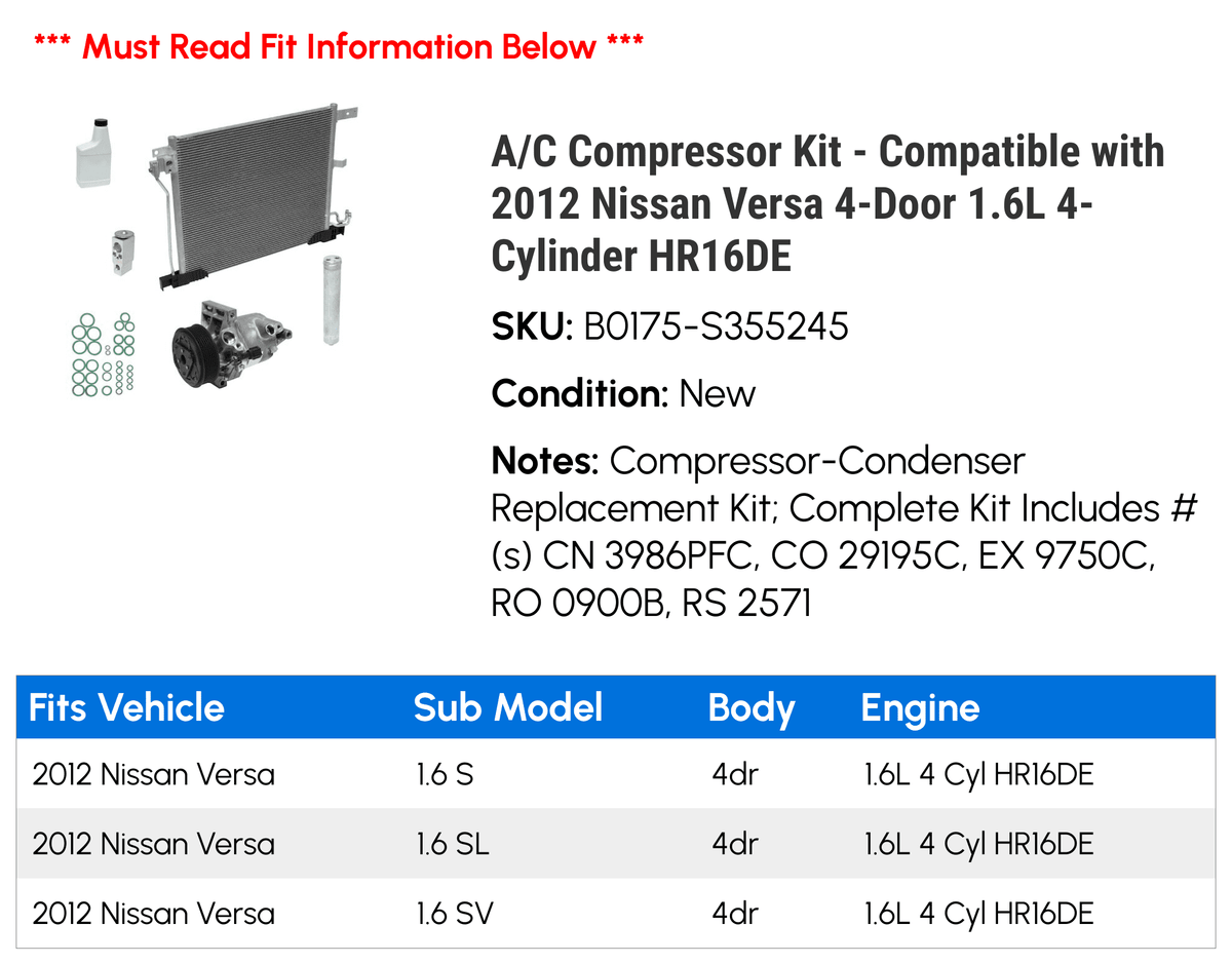 A/C Compressor Kit for 2012 Nissan Versa 1.6L H19340