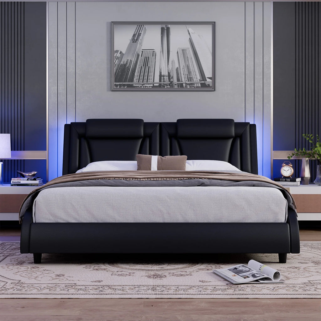 Queen LED PU Leather Upholstered Platform Bed with Adjustable Headboard H123255