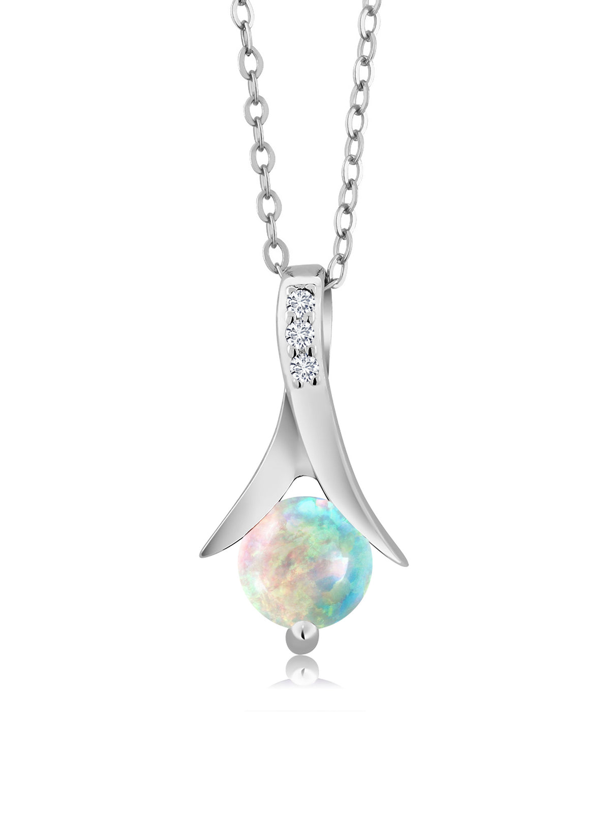 1.05 Ct Round Cabochon White Simulated Opal 925 Sterling Silver Pendant with Chain O689