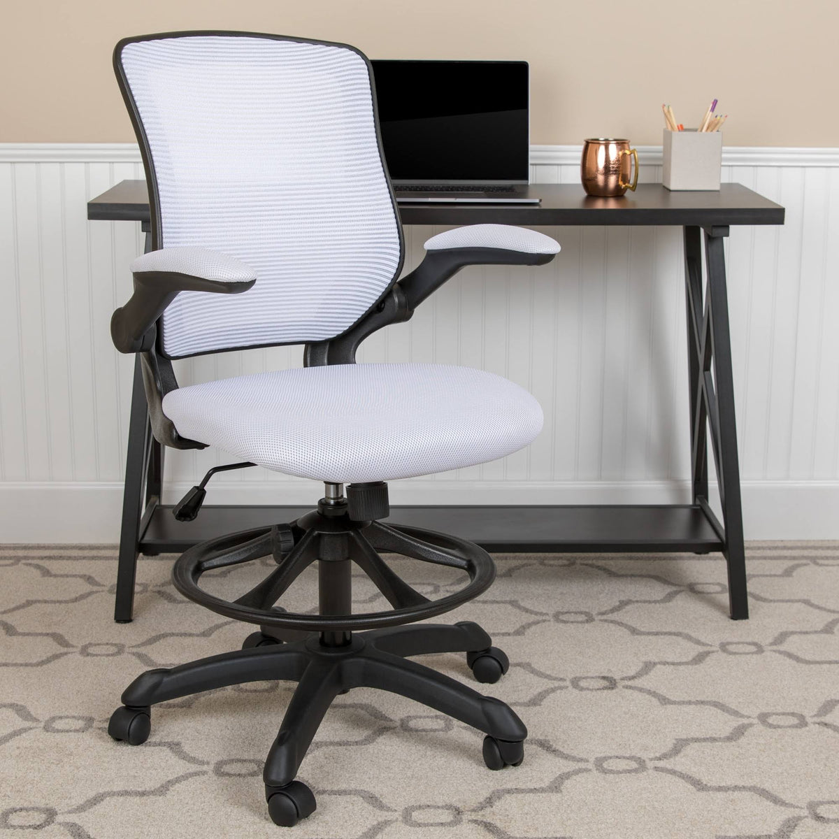 White Mesh Ergonomic Drafting Chair with Foot Ring and Flip-Up Arms T7162
