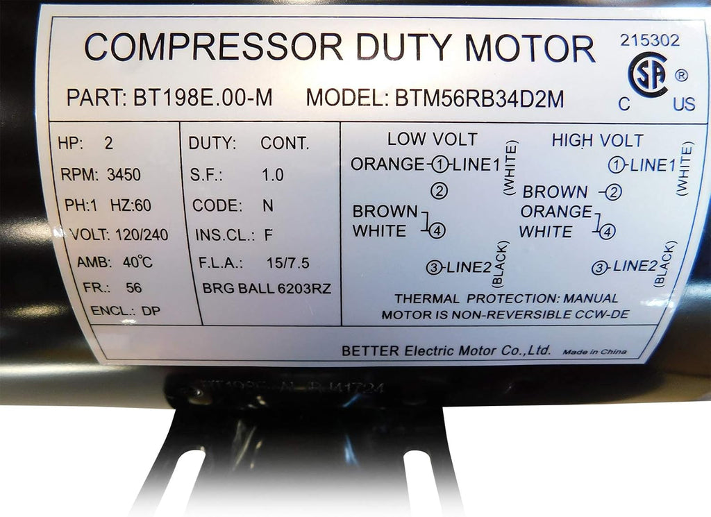 Compressor Duty Electric Motor, 3450 RPM, 56 Frame, 5/8" Shaft Diameter, 120/240 Volt C167