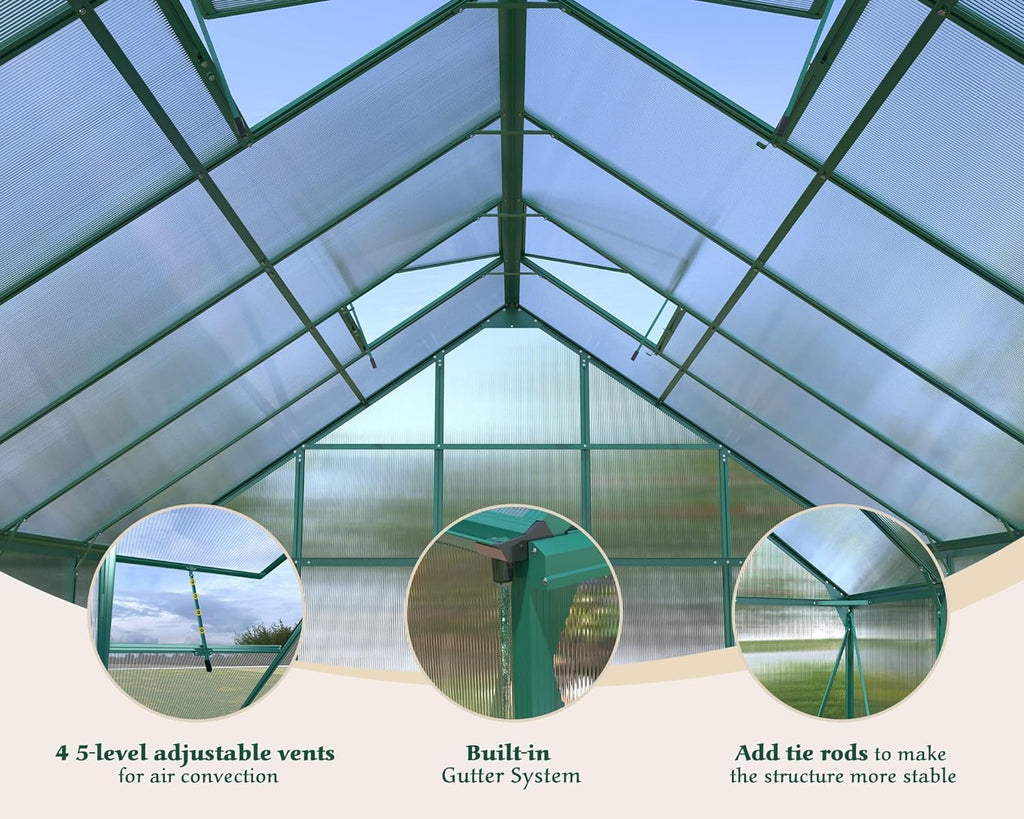 12x10x10 ft Polycarbonate Greenhouse with 2 Sliding Doors 4 Vents B462