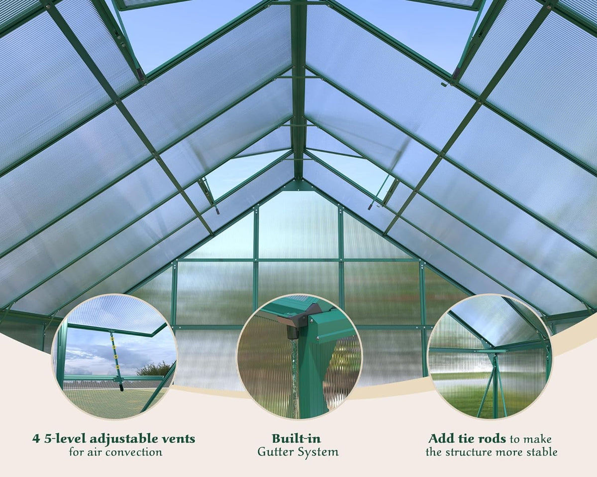 12x10x10 ft Polycarbonate Greenhouse with 2 Sliding Doors 4 Vents B462