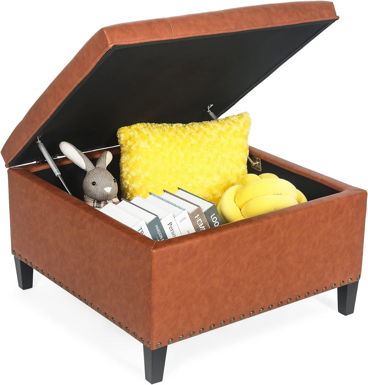Faux Leather Storage Ottoman Bench with Wood Legs W875