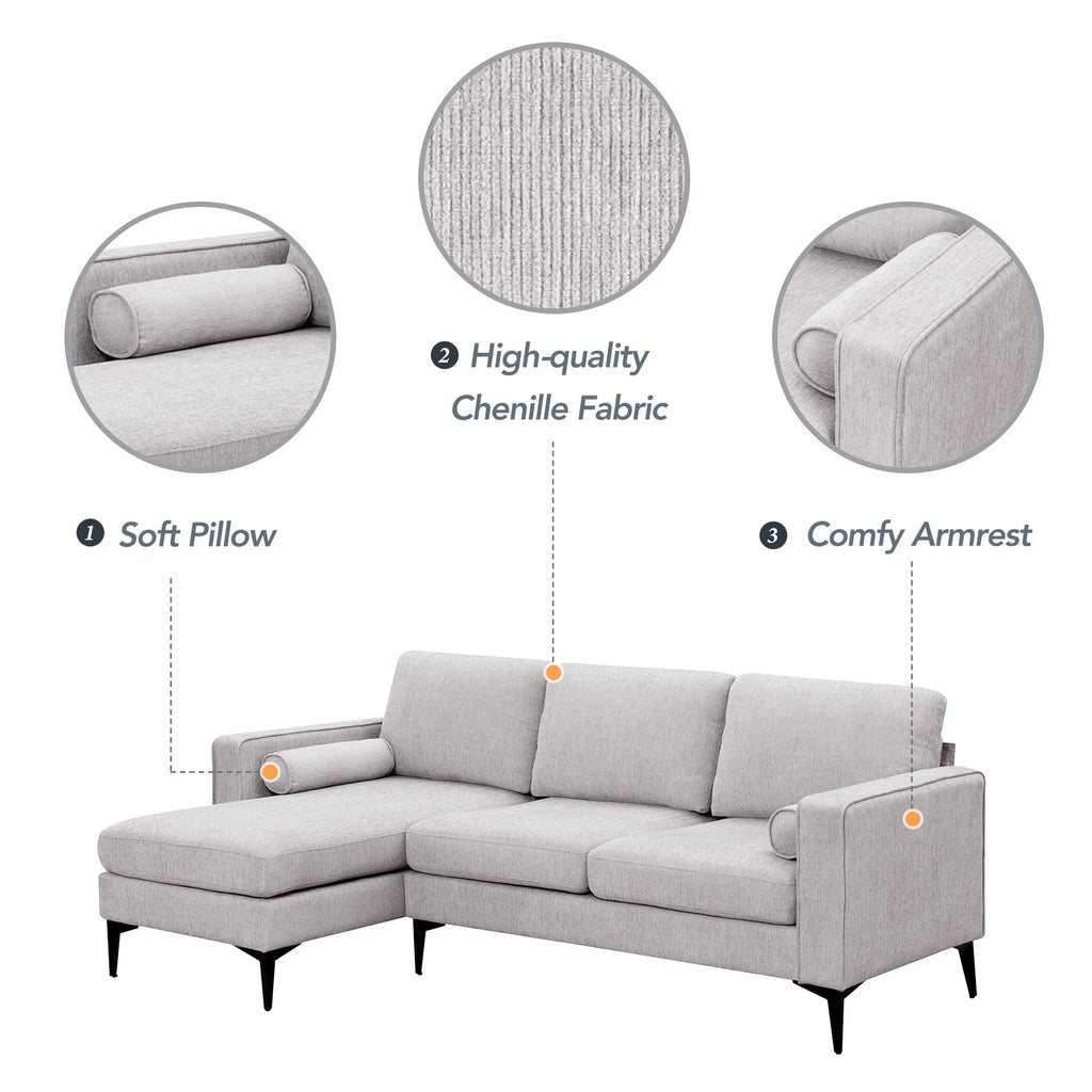 L-Shaped Sectional Sofa with Reversible Chaise, 3 Seater Chenille Fabric Modular Couch with Pillows Metal Legs Z462