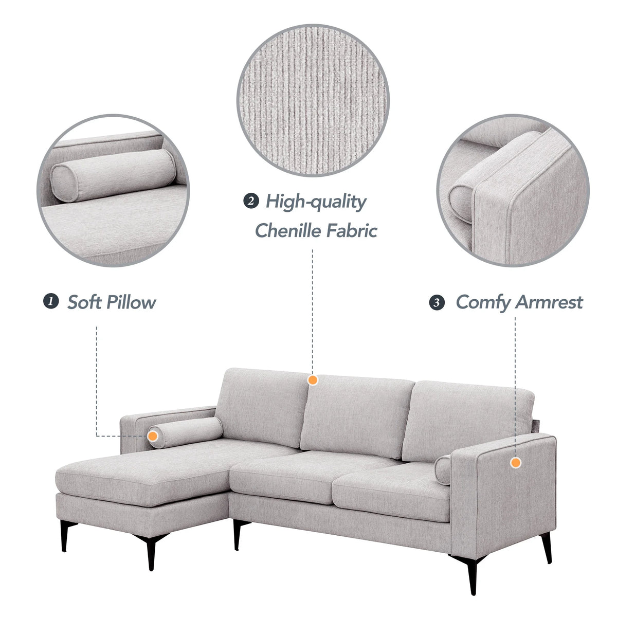 L-Shaped Sectional Sofa with Reversible Chaise, 3 Seater Chenille Fabric Modular Couch with Pillows Metal Legs Z462