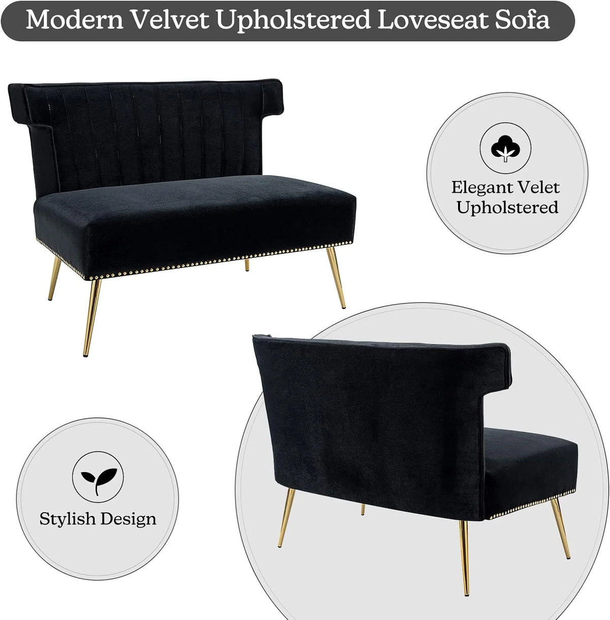 Velvet Upholstered Armless Loveseat Sofa with Golden Metal Legs I88021