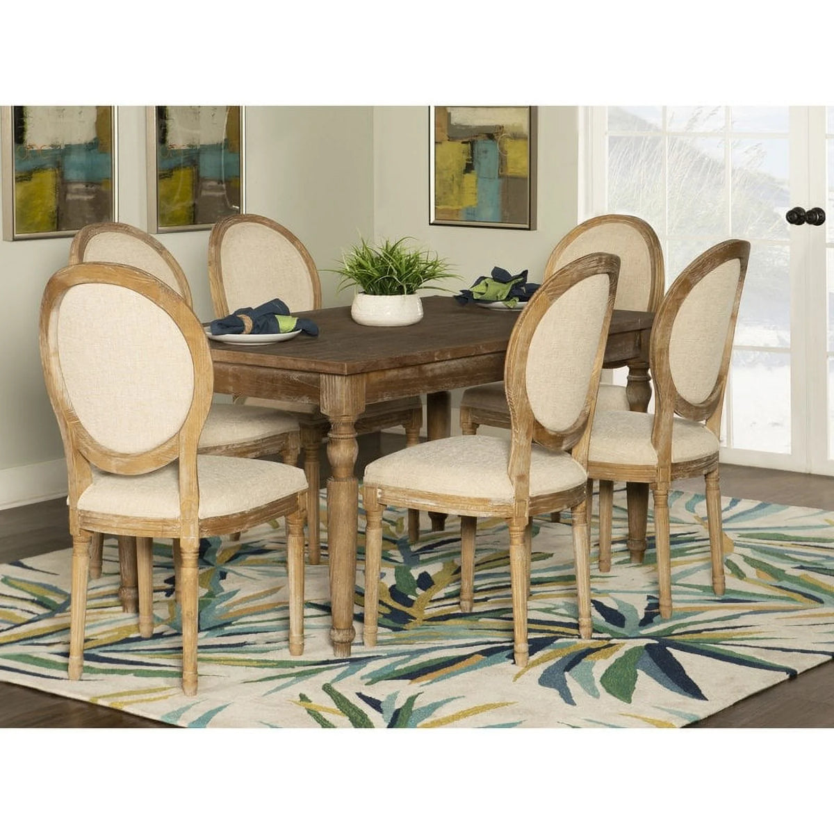 Natural Brown Elm Wood Linen Oval Back Chair Set of 2 G88748