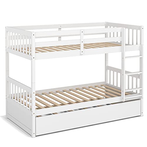 White Twin Over Twin Bunk Bed with Trundle P7567