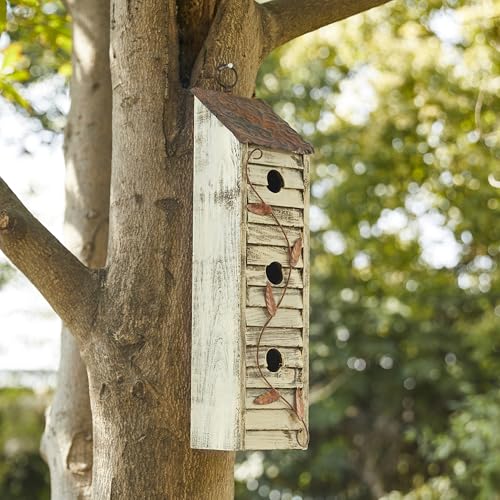 18" Hanging Washed White Distressed Solid Wood Birdhouse K986925
