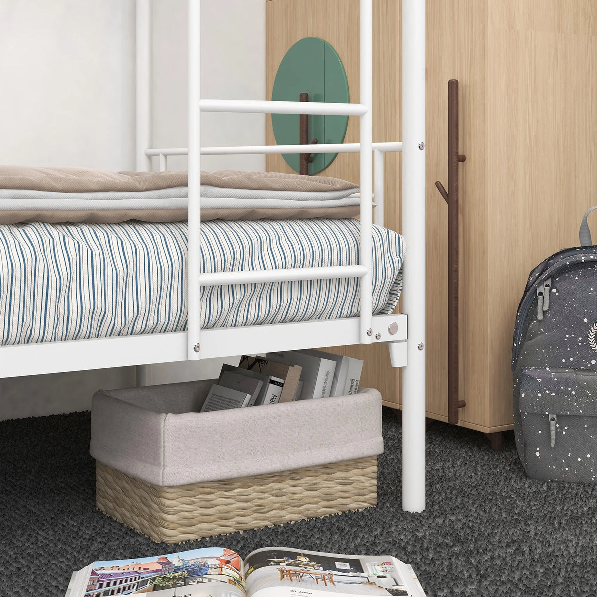 Twin-Over-Twin Bunk Bed with Metal Frame and Ladder White A93265