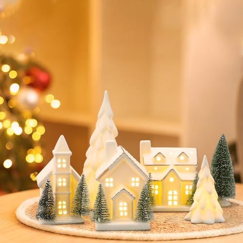 12 Pcs Ceramic Christmas Village Set with Lights S3043