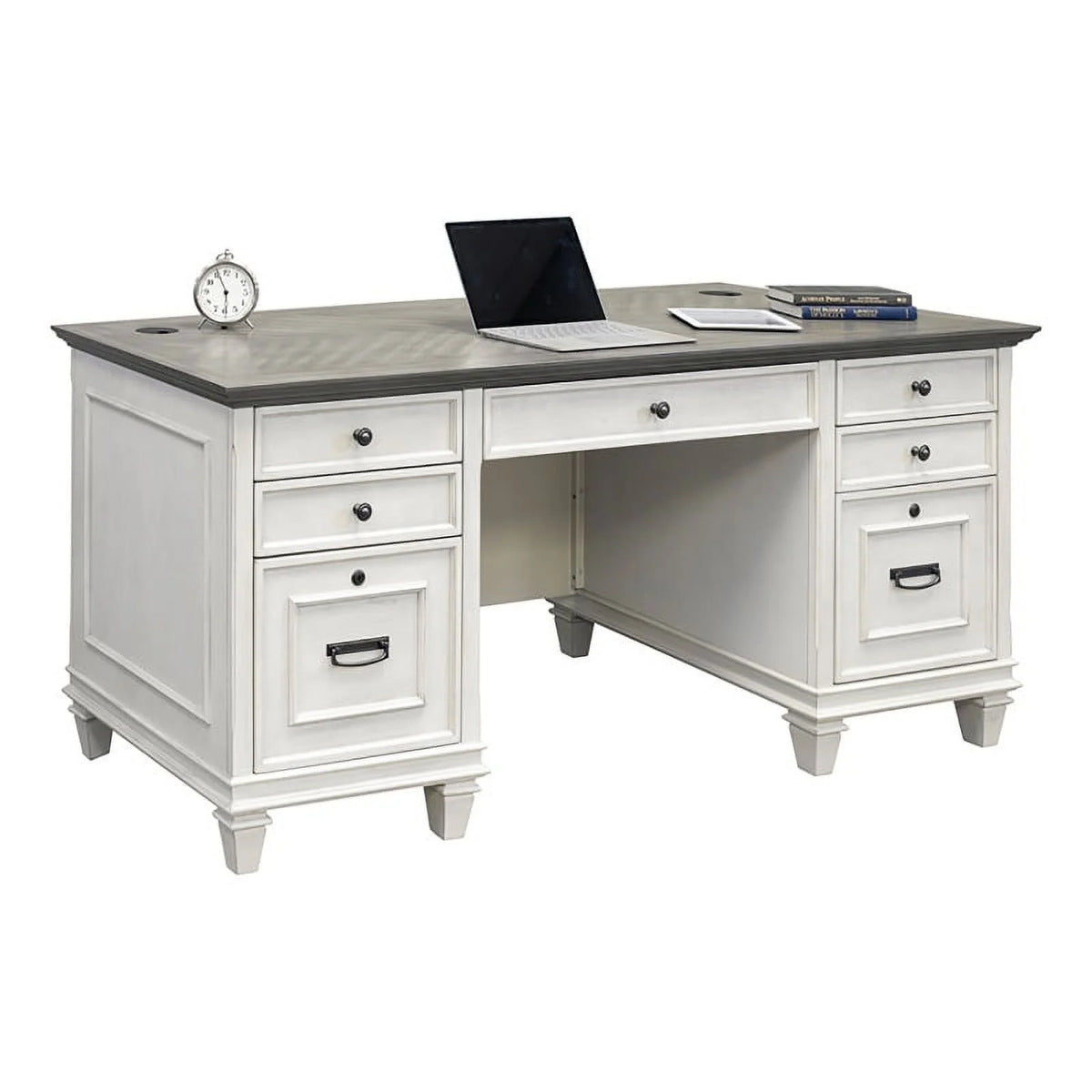 White Gray Wood Double Pedestal Desk R730