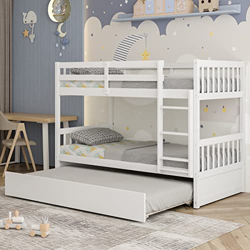 White Twin Over Twin Bunk Bed with Trundle P7567