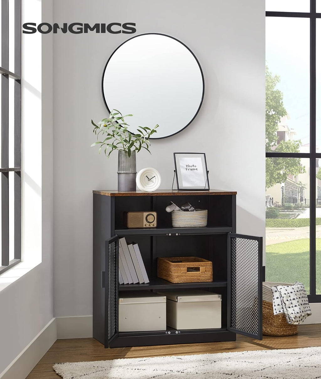 Rustic Brown and Black Storage Cabinet with Mesh Doors and Adjustable Shelf W9785
