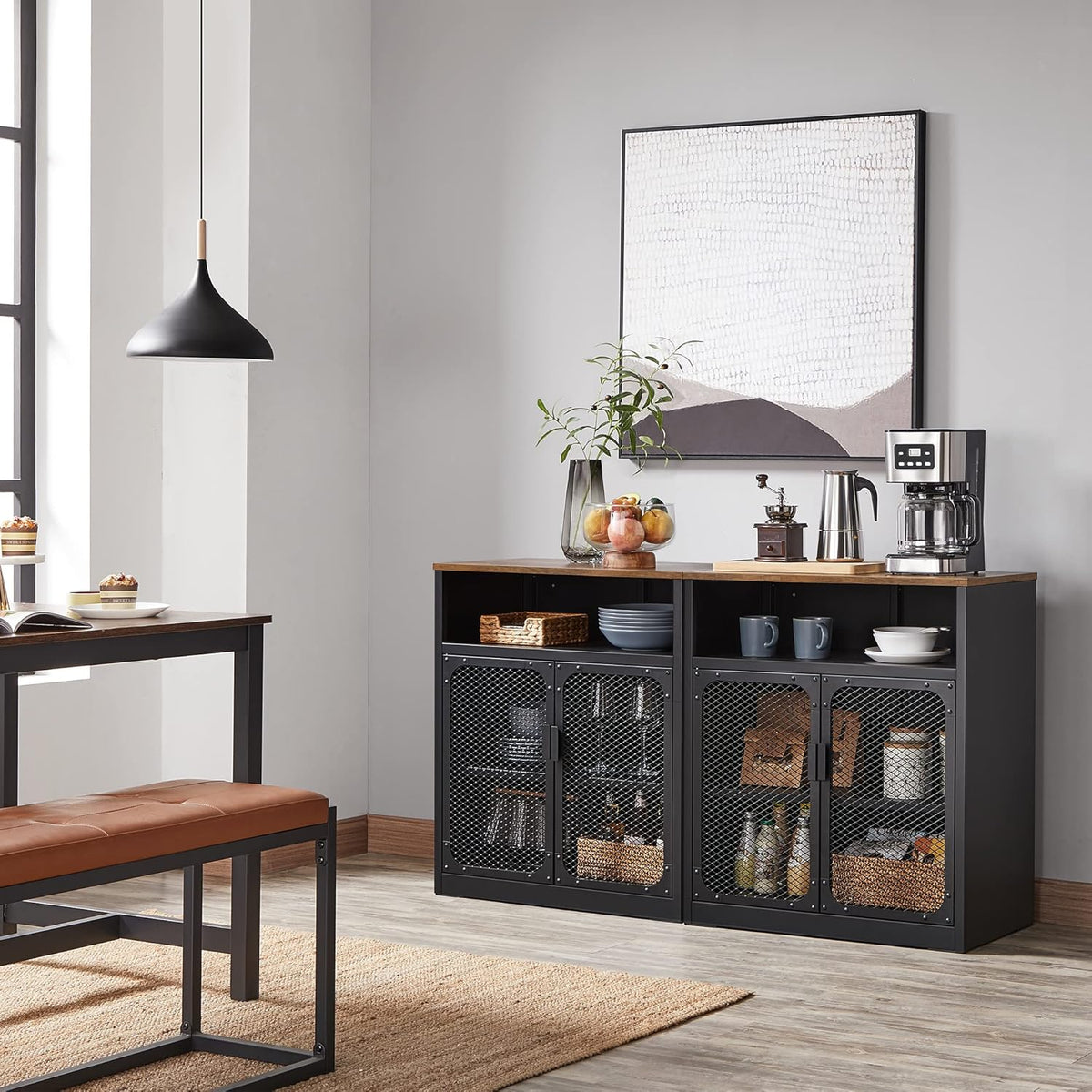 Rustic Brown and Black Storage Cabinet with Mesh Doors and Adjustable Shelf W9785