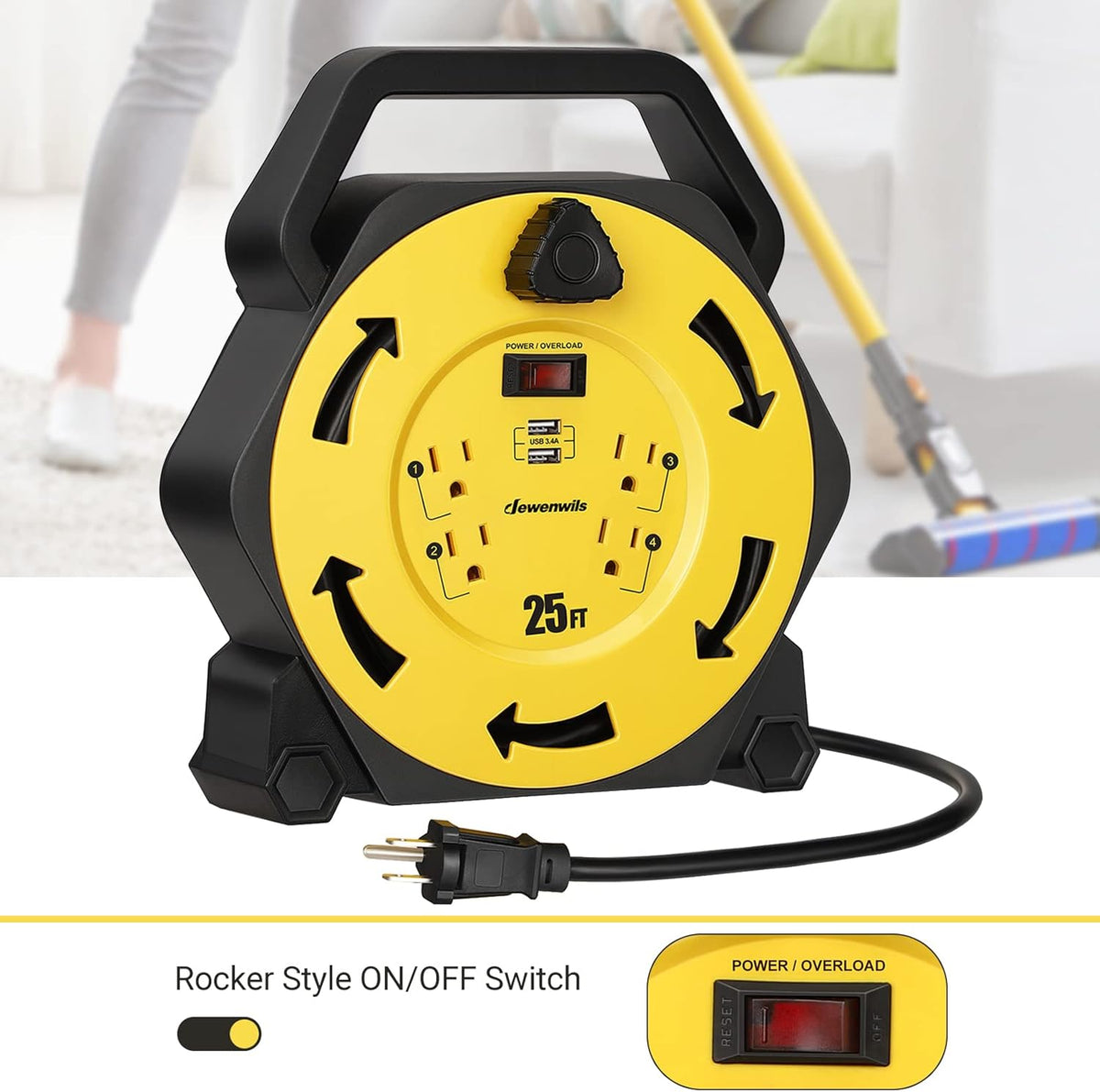 25FT Retractable Extension Cord Reel with 4 Power Outlets, 2-USB Ports, Heavy Duty SJTW 16/3 Cable, 13A Circuit Breaker, Pack of 2 Q4842