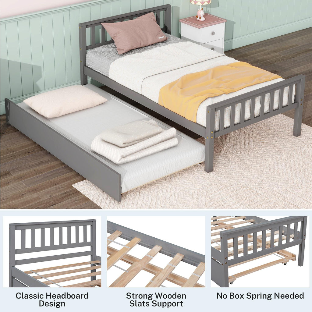Gray Twin Size Wood Platform Bed with Trundle M991