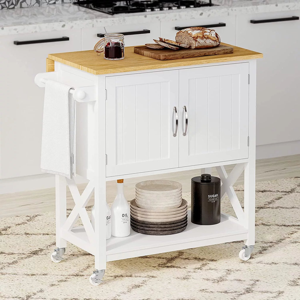 White Kitchen Island on Wheels with Storage Cabinet and Drop Leaf D573340