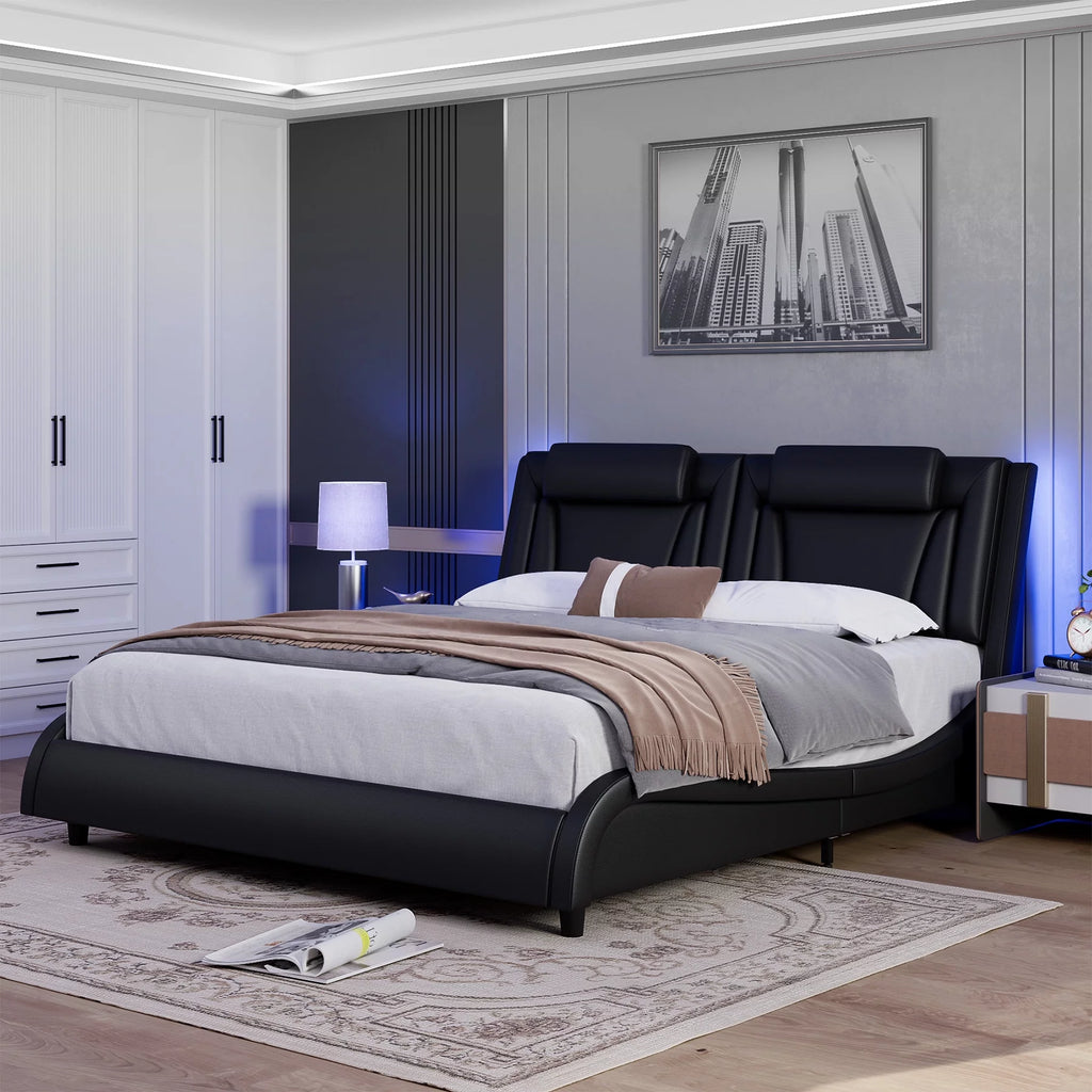 Queen LED PU Leather Upholstered Platform Bed with Adjustable Headboard H123255