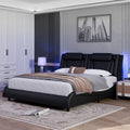 Queen LED PU Leather Upholstered Platform Bed with Adjustable Headboard H123255